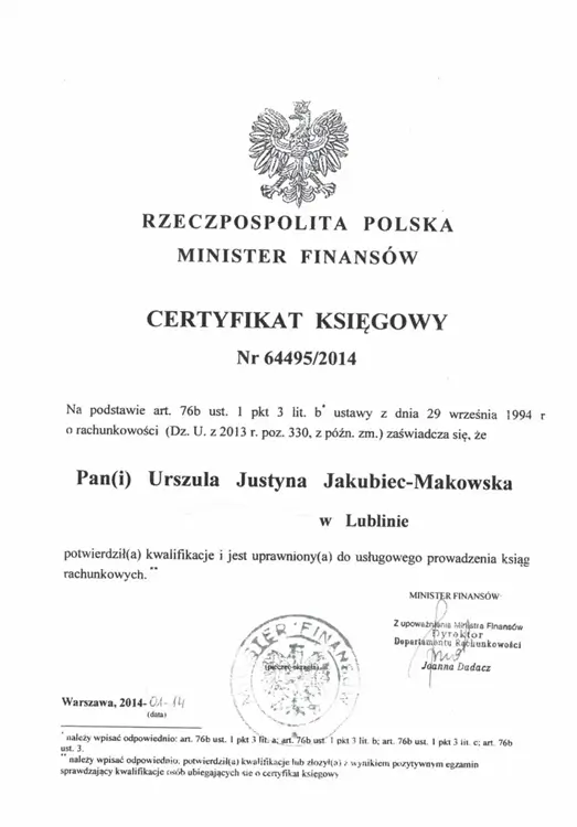 certyfikat księgowy Urszula Jakubiec-Makowska