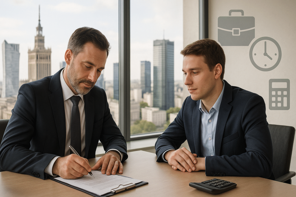 Pracodawca podpisujący umowę z pierwszym pracownikiem w warszawskim biurze