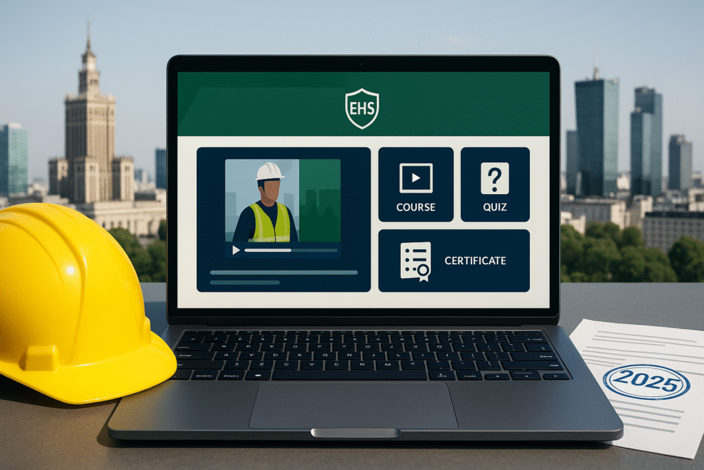 Laptop z kursem BHP online, kask ochronny i dokumenty BHP 2025, panorama Warszawy