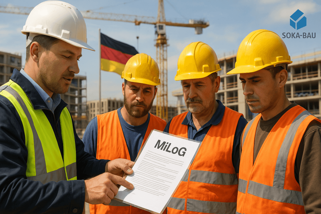 Plac budowy w Niemczech z polskimi pracownikami i dokumentami MiLoG