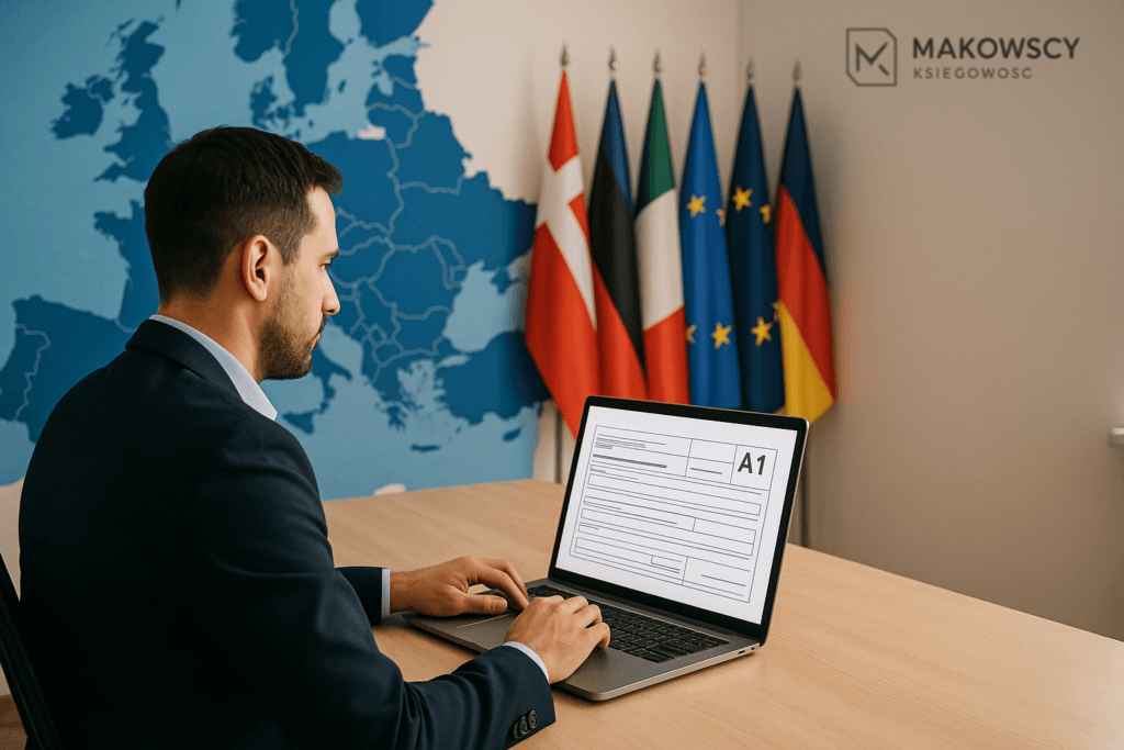 Pracownik HR wypełniający formularz zaświadczenia A1 na tle mapy Europy